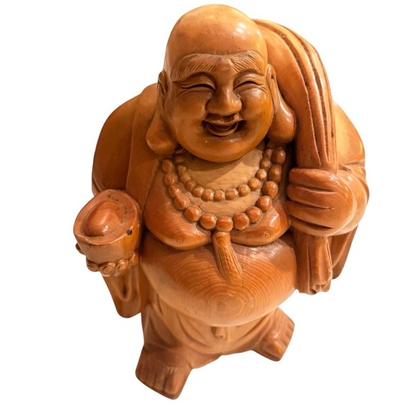 Vintage Other - Carved Wooden Laughing Buddha Figurine